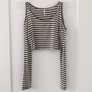 Long sleeve striped crop top w/ cut out shoulders